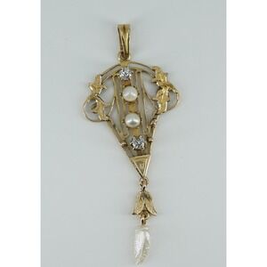 Antique Victorian 10k Gold Natural Pearl Old‎ Mine Cut Diamond Lavalier Pendant